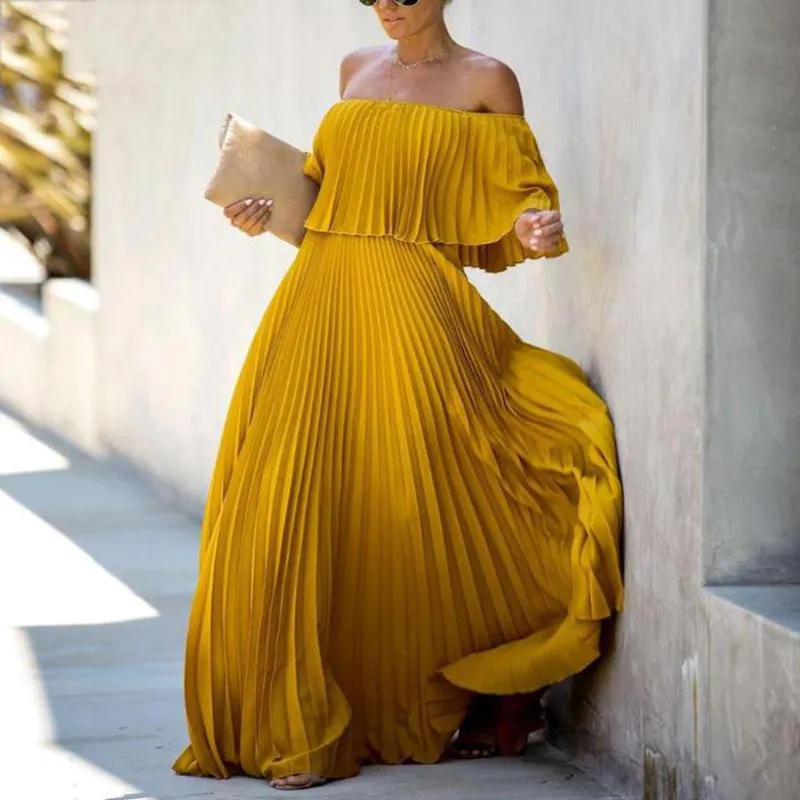 Summer Women Elegant Off-The-Shoulder Solid Color Pleated Chiffon Party Dress