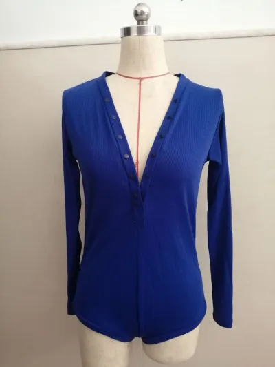 Women's V-Neck Button Long Sleeve Warm Bodysuit Romper