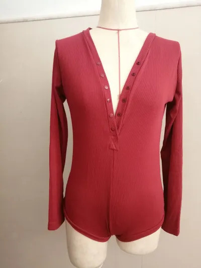 Women's V-Neck Button Long Sleeve Warm Bodysuit Romper