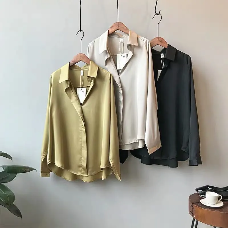 Women Casual V-Neck Loose Satin Long-Sleeved Solid Color Single-breasted Blouse