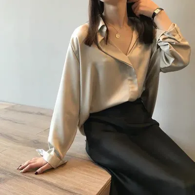 Women Casual V-Neck Loose Satin Long-Sleeved Solid Color Single-breasted Blouse
