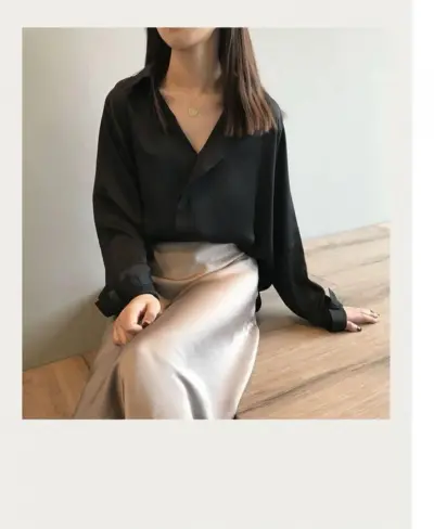 Women Casual V-Neck Loose Satin Long-Sleeved Solid Color Single-breasted Blouse