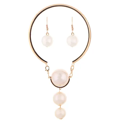 Women Exaggerated Boho Large Pearl Pendant Necklace Earrings Set