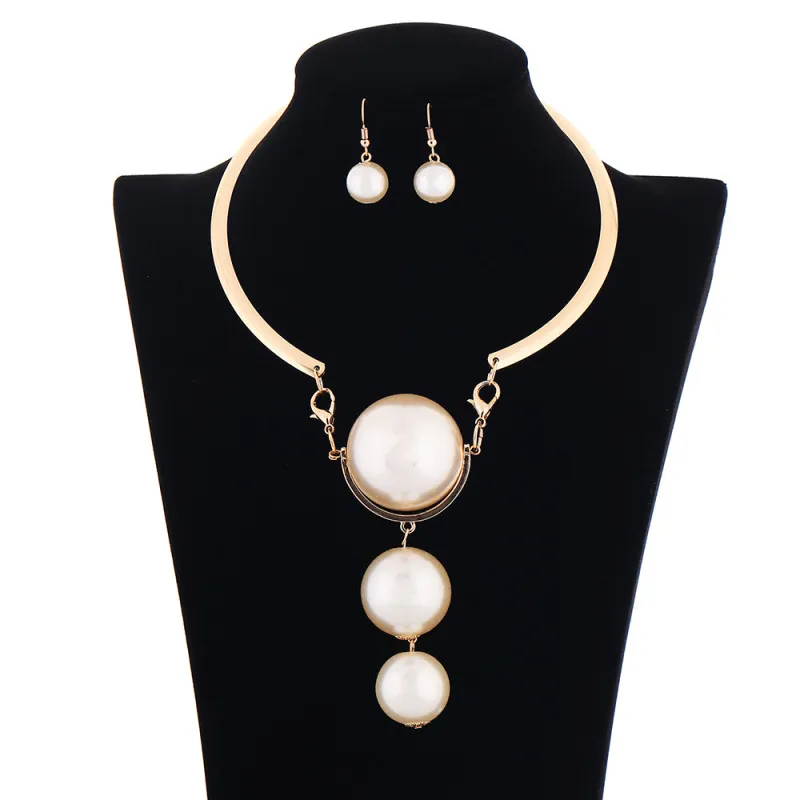 Women Exaggerated Boho Large Pearl Pendant Necklace Earrings Set