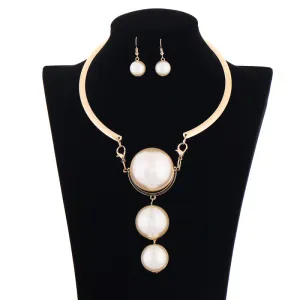 Women Exaggerated Boho Large Pearl Pendant Necklace Earrings Set