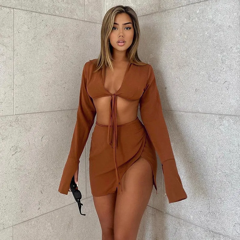 Women Long-Sleeved Lace-Up Top and Split Hip Skirt Casual Two-Piece Set