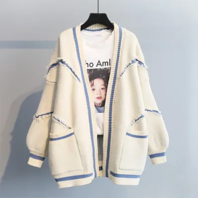 Women Casual Loose Color Blocking Long Sleeves Knitted Cardigan