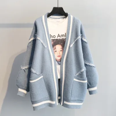 Women Casual Loose Color Blocking Long Sleeves Knitted Cardigan