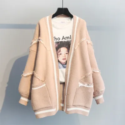 Women Casual Loose Color Blocking Long Sleeves Knitted Cardigan