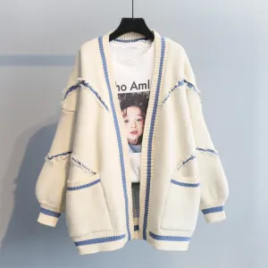 Women Casual Loose Color Blocking Long Sleeves Knitted Cardigan