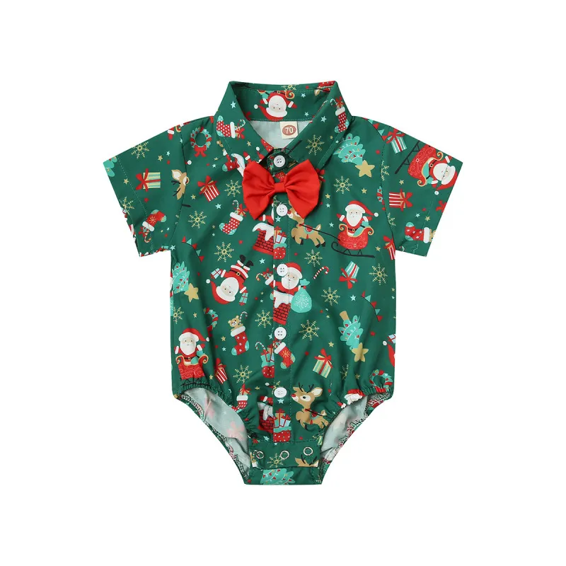 Kids Baby Unisex Christmas Green Short Sleeve Bow Tie Jumpsuit Cotton Party Outfit