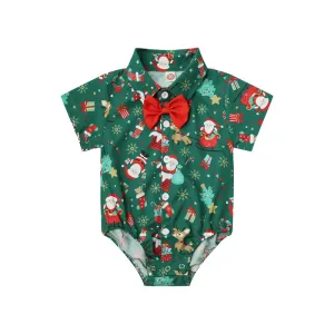 Kids Baby Unisex Christmas Green Short Sleeve Bow Tie Jumpsuit Cotton Party Outfit