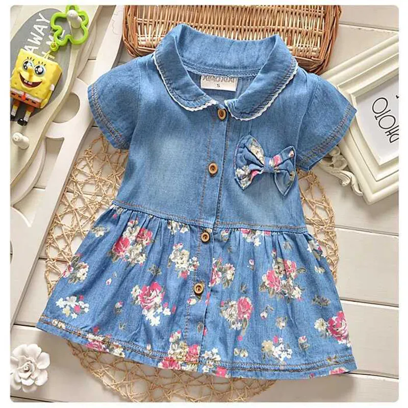 Kids Toddler Girls Short Sleeve Tiny Flower Denim Princess Dress