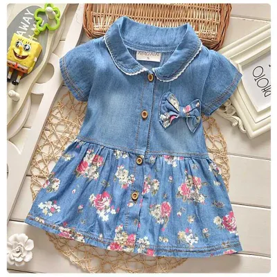 Kids Toddler Girls Short Sleeve Tiny Flower Denim Princess Dress
