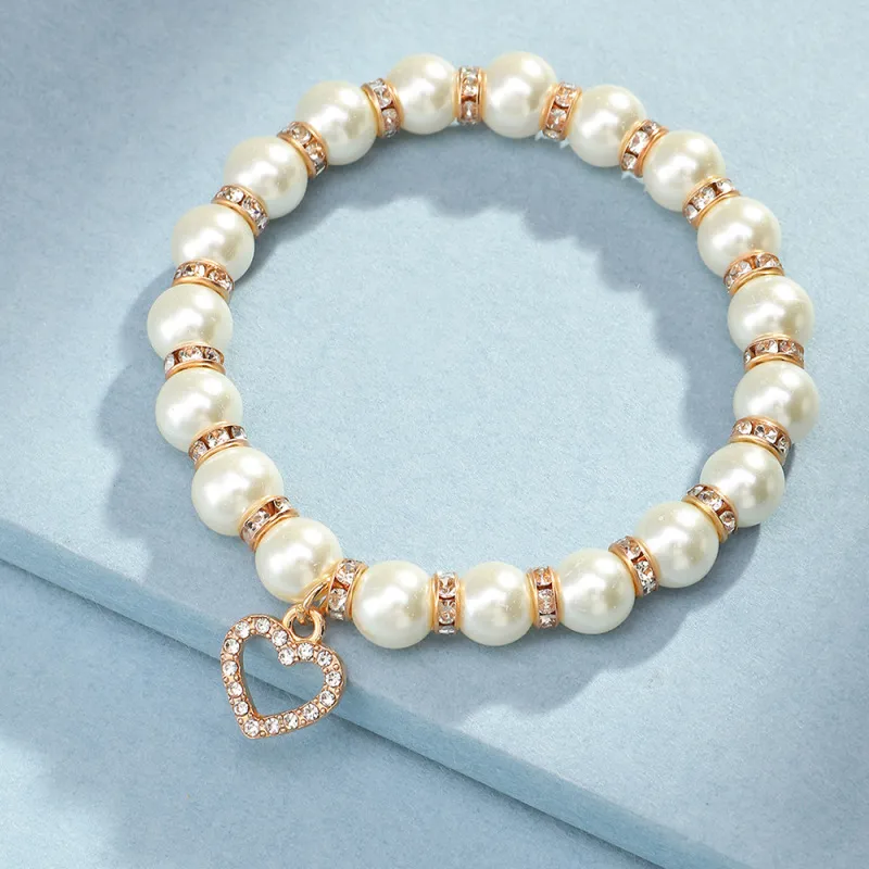 Women Simple Imitation Pearl Alloy Heart Pendant Bracelet