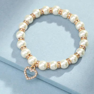 Women Simple Imitation Pearl Alloy Heart Pendant Bracelet