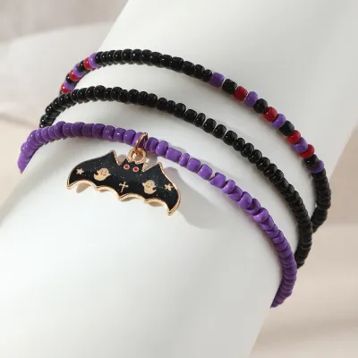 Women Fashion Retro Mix Color Bead Alloy Pumpkin Bat Halloween Bracelet Set