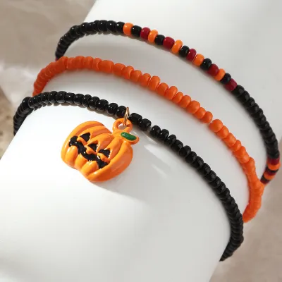 Women Fashion Retro Mix Color Bead Alloy Pumpkin Bat Halloween Bracelet Set