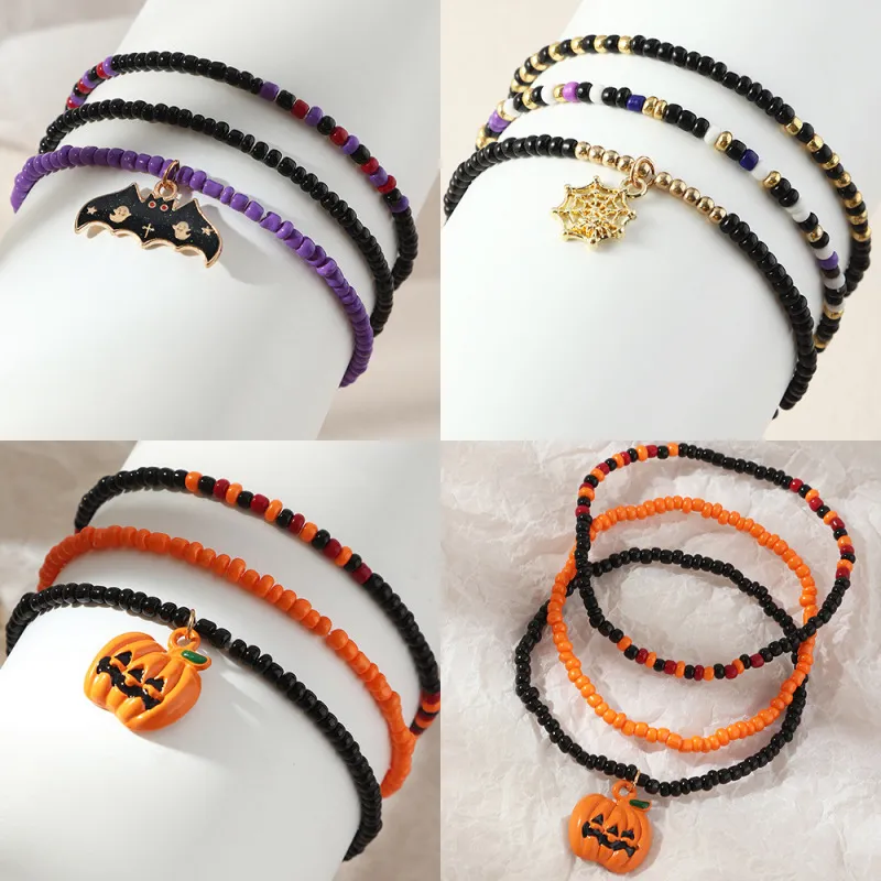 Women Fashion Retro Mix Color Bead Alloy Pumpkin Bat Halloween Bracelet Set