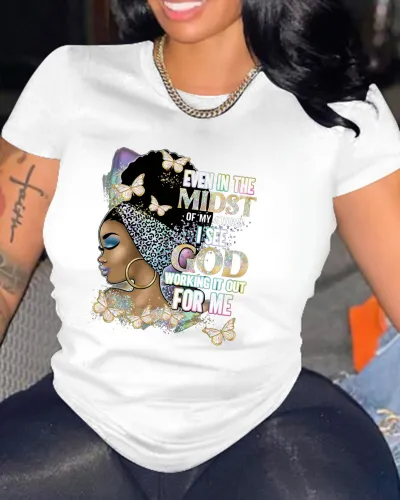 Women Casual Loose Plus Size Round Neck Short-Sleeved Colorful Letter Printed T-Shirt