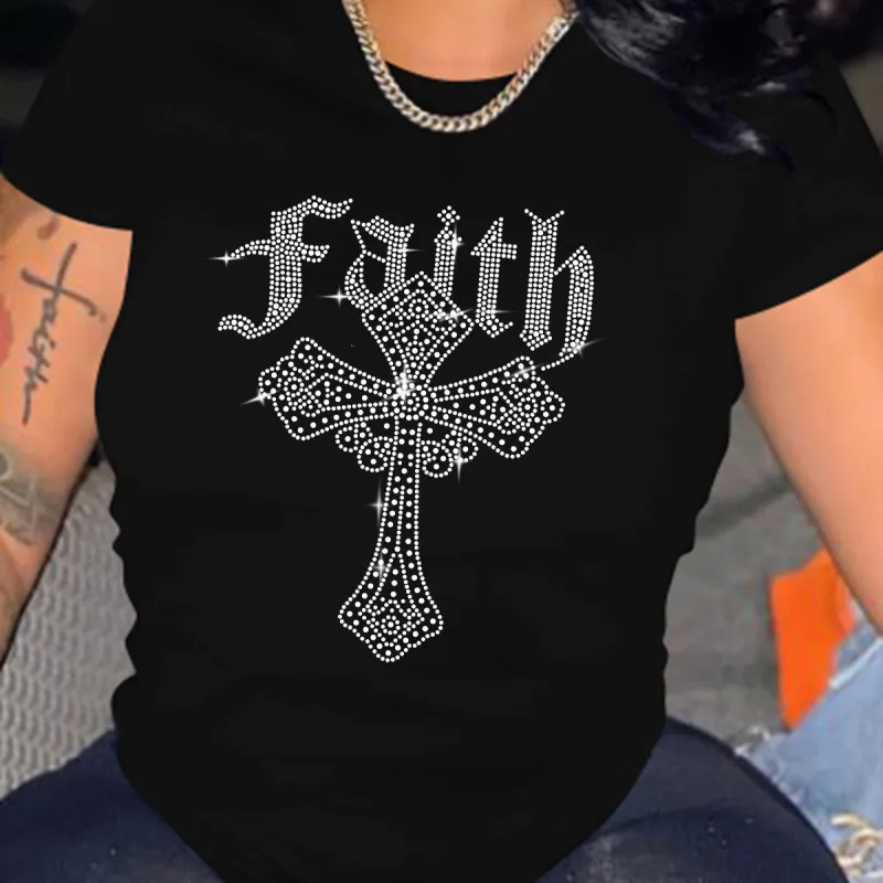 Women Casual Loose Plus Size Round Neck Short-Sleeved Diamond Cross Graphic Printed T-Shirt