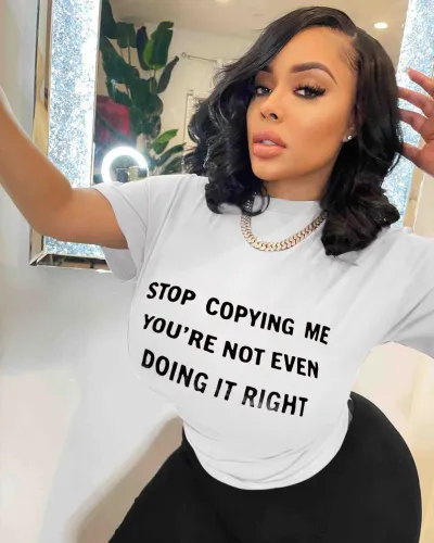 Women Casual Loose Plus Size Round Neck Short-Sleeved Text Slogan Printed T-Shirt
