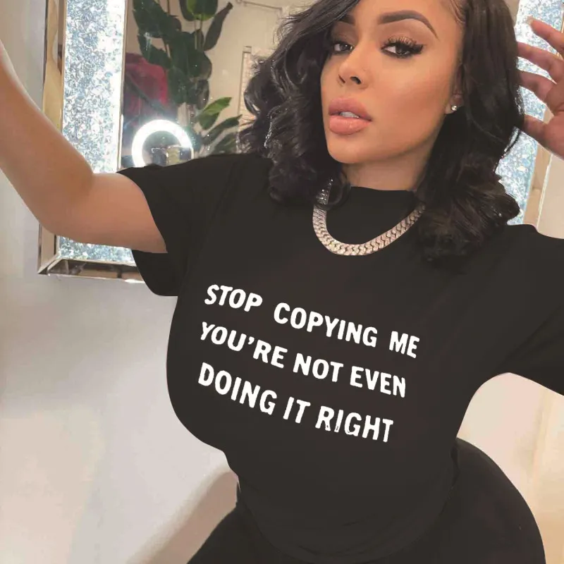 Women Casual Loose Plus Size Round Neck Short-Sleeved Text Slogan Printed T-Shirt