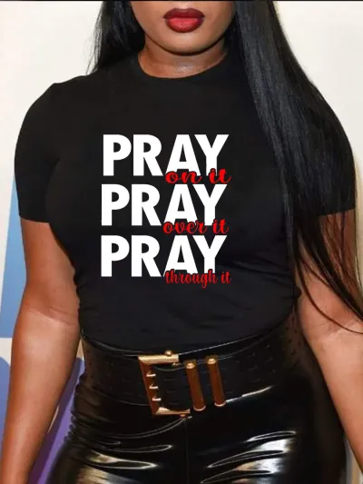 Women Casual Loose Plus Size Round Neck Short-Sleeved Word Pray Graphic Print T-Shirt