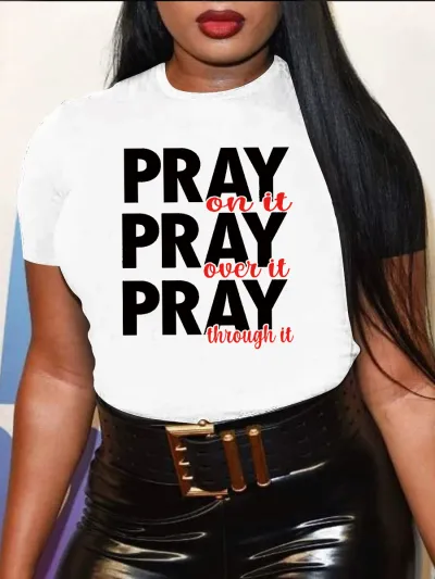 Women Casual Loose Plus Size Round Neck Short-Sleeved Word Pray Graphic Print T-Shirt