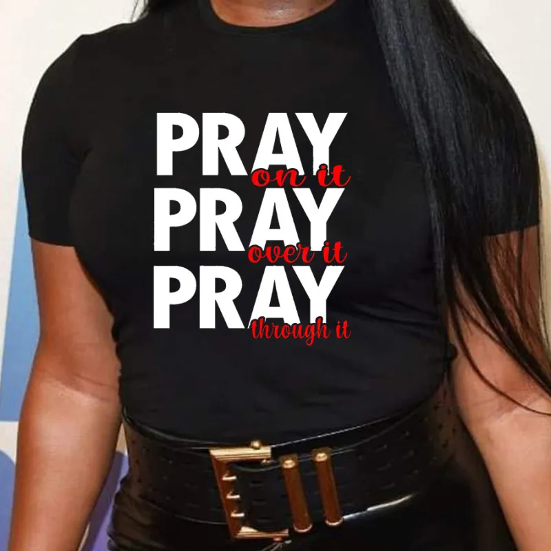 Women Casual Loose Plus Size Round Neck Short-Sleeved Word Pray Graphic Print T-Shirt