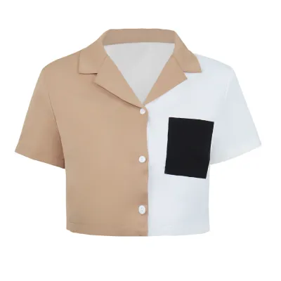 Women Casual Elegant Color Blocking Pocket Single-breasted Short Sleeve Crop Blouse