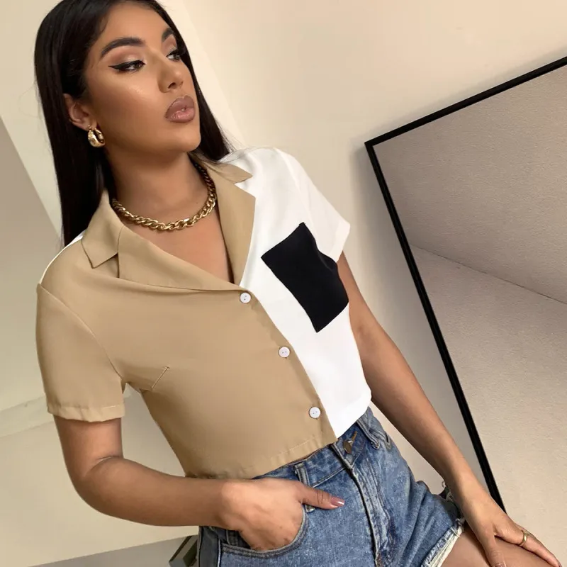 Women Casual Elegant Color Blocking Pocket Single-breasted Short Sleeve Crop Blouse