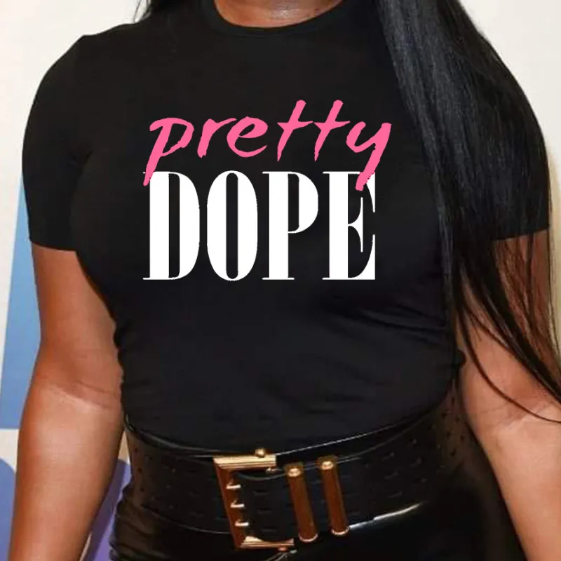 Women Casual Loose Plus Size Round Neck Short-Sleeved Letters Printed Polyester Cotton T-Shirt