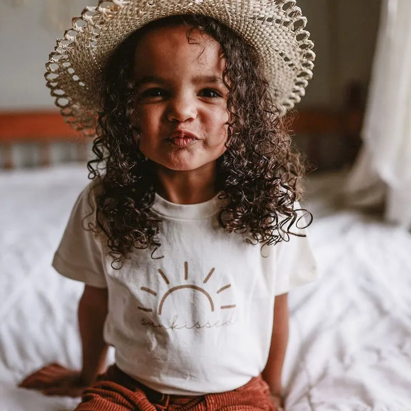 Kids Toddler Girls Simple White Half Sleeve T-Shirt with Cartoon Design