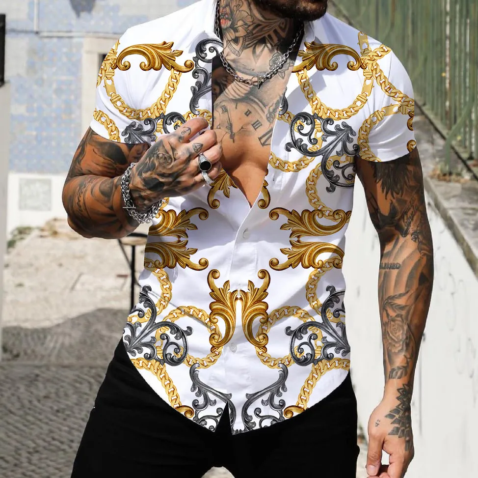 Wholesale Men Casual Multicolor Creative Gold Chain Print Lapel Short  Sleeve Slim Shirt