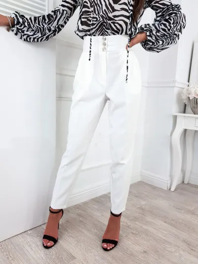 Women Solid Color Casual Trousers Button-Embellished Dress Pants Mid-Waist Straight-Leg Pants