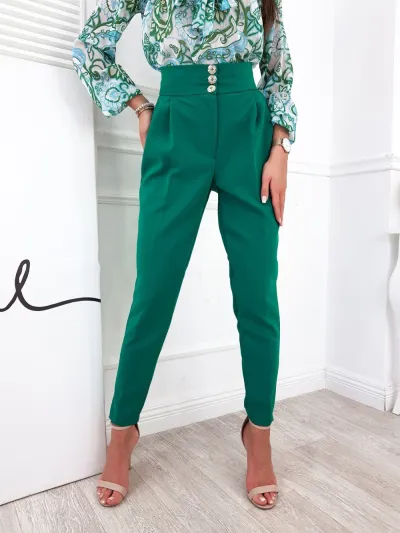 Women Solid Color Casual Trousers Button-Embellished Dress Pants Mid-Waist Straight-Leg Pants