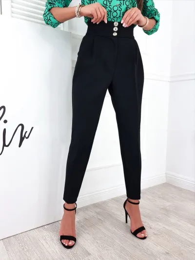 Women Solid Color Casual Trousers Button-Embellished Dress Pants Mid-Waist Straight-Leg Pants