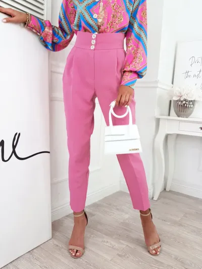 Women Solid Color Casual Trousers Button-Embellished Dress Pants Mid-Waist Straight-Leg Pants