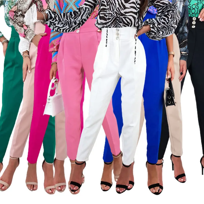 Women Solid Color Casual Trousers Button-Embellished Dress Pants Mid-Waist Straight-Leg Pants