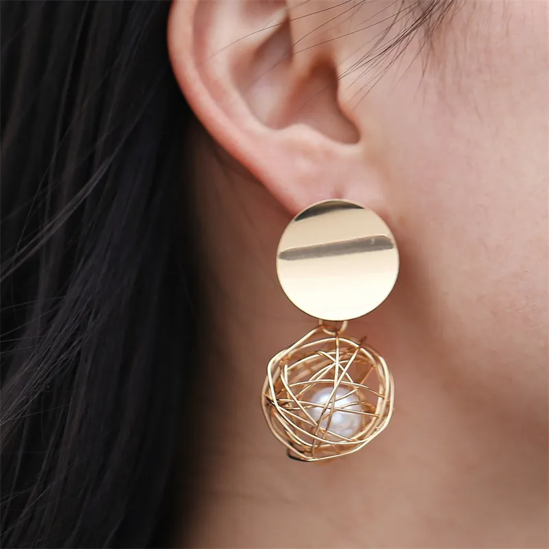 Women Fashion Retro Metal Braided Ball Pearl Stud Earrings