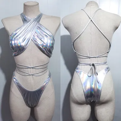Women Cross Strap Bikini Shiny Leather Ladies Swimsuit Tankini