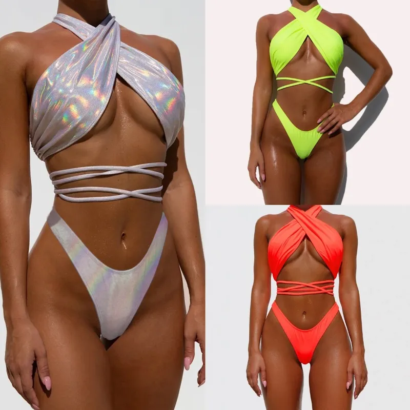 Women Cross Strap Bikini Shiny Leather Ladies Swimsuit Tankini