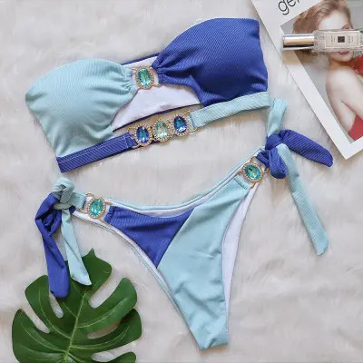 Women Crystal Diamond Splicing Tube Top Strap Split Tankini Swimsuit