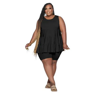 Women Solid Color Round Neck Sleeveless Pleated Top And Shorts Two-Piece Set