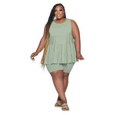 Women Solid Color Round Neck Sleeveless Pleated Top And Shorts Two-Piece Set