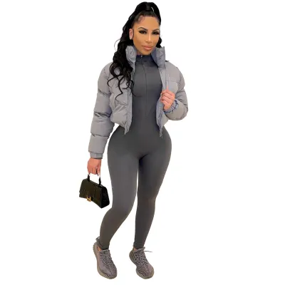 Winter Women Casual Quilted Coat Long Sleeves Solid Color Zipper Loose Fit