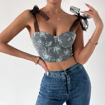 Women Backless V Neck Floral Printed Crop Tank Top
