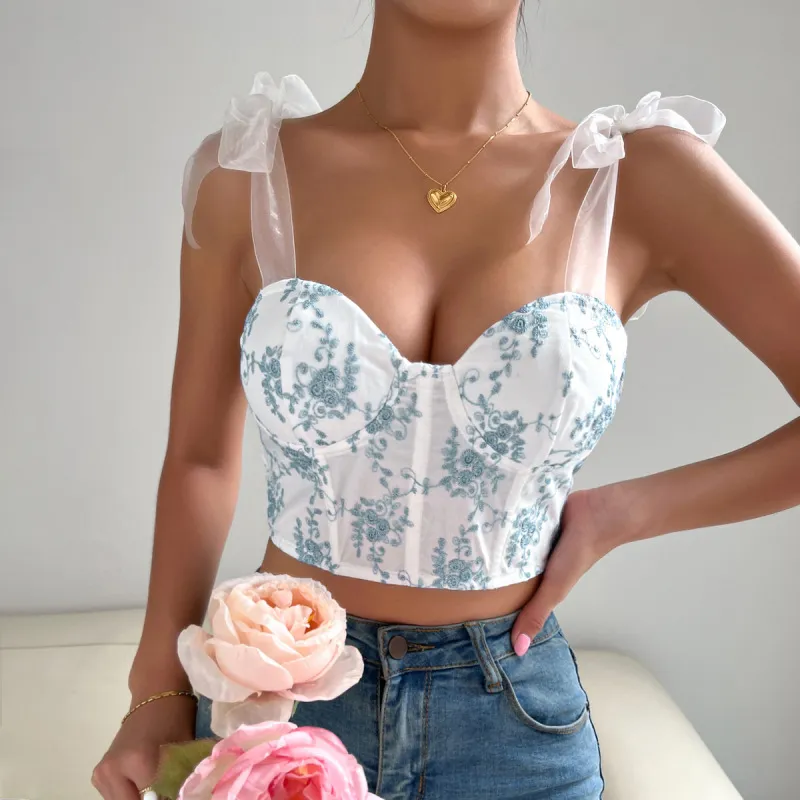 Women Backless V Neck Floral Printed Crop Tank Top
