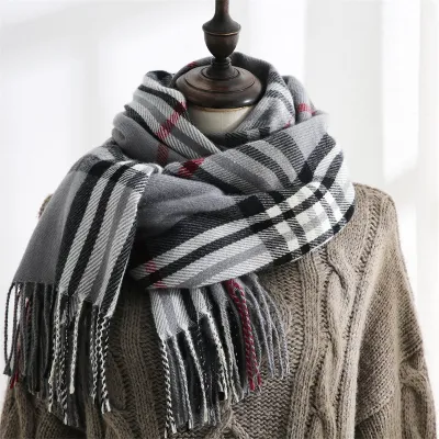 Women Autumn Winter Warm Mid-Length Plaid Imitation Cashmere Shawl Scarf 70x180cm